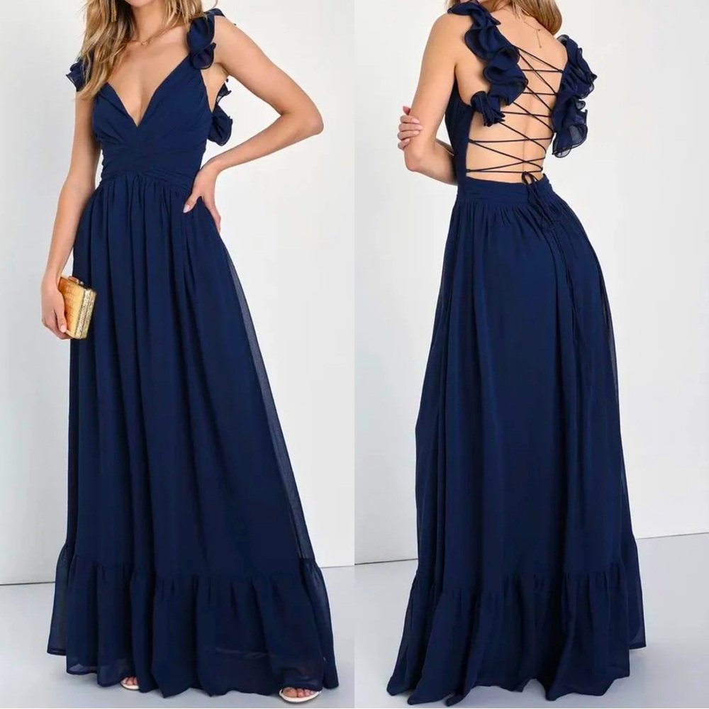 Lulus Maxi Dress Navy Blue Ruffled Lace-Up Soiree Celebration Formal Dress NWOT